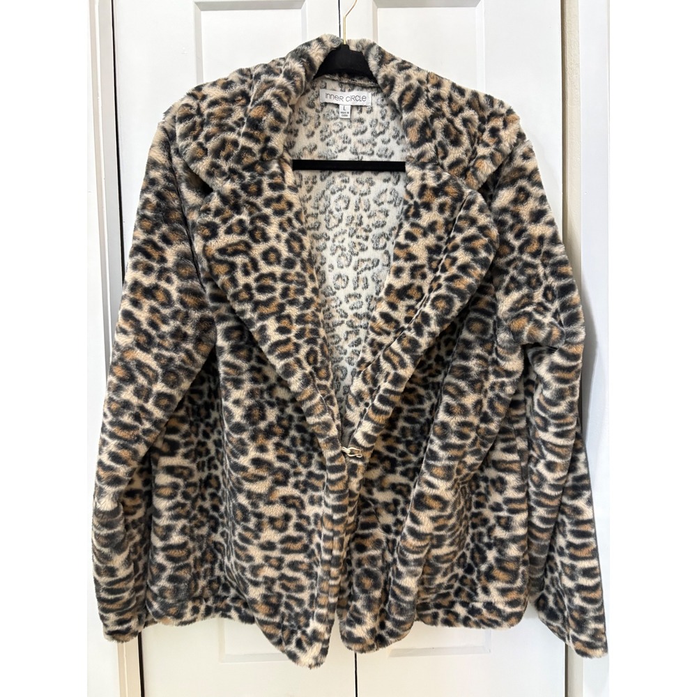Inner Circle Leopard Print Faux Fur Jacket Brown Tan Black Animal Print Large